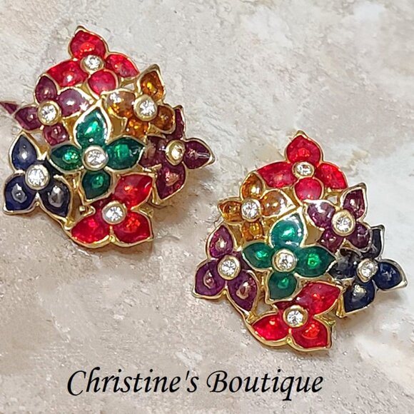 vintage Jewelry - Vintage Enamel and Rhinestone Flower Cluster Earrings Large Clip ons